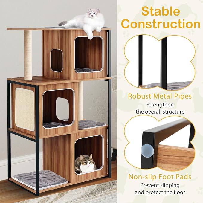 52-inch Wood Cat Tree for Indoor Cats, Multi-Level Solid Metal Framed Wooden Cat Tower with Sisal Scratching Posts and Pad, 3 Condos, and Top Platform with Cat Hole