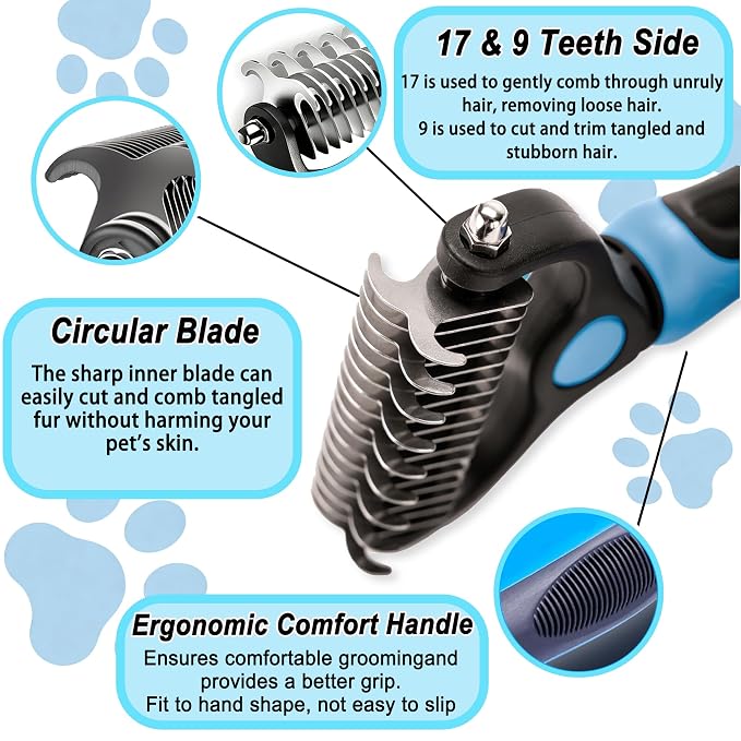 2-In-1 Pet Grooming Brush, Dog Brush for Shedding with Bonus Metal Comb | Rounded-Tooth Comb Double Sided Brush with Varied Spaced Teeth for Efficient Removing Knots and Loose Hair