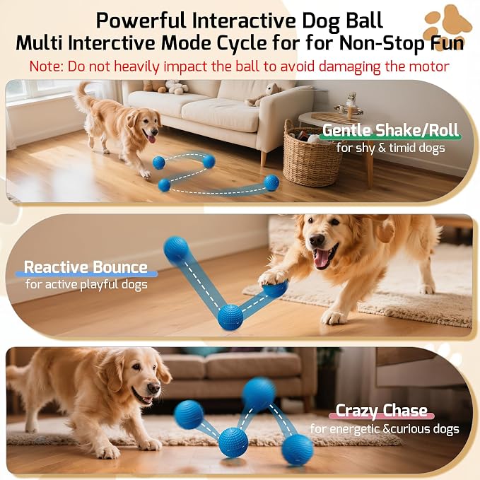 SNOYWEN Interactive Dog Toys, Automatic Moving Bouncing Rolling Ball, Food-Grade Rubber Material IPX7 Waterproof Ball for Medium, Large Dogs, 850mAh Battery Large Capacity, Type-C Rechargeable