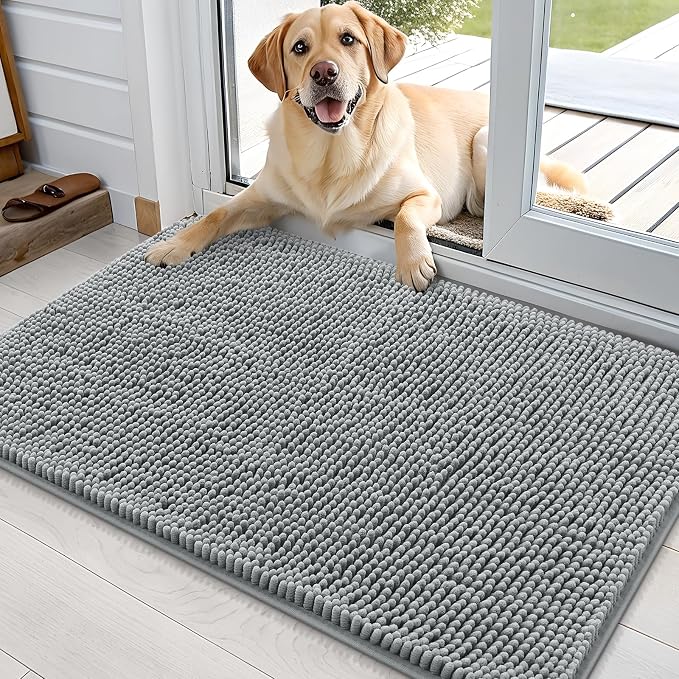 OLANLY Dog Door Mat for Muddy Paws 35x24, Super Absorbent Chenille Mud Mat | Grey, Absorbs Moisture and Dirt, Non-Slip Machine Washable Doormat, Quick-Drying Indoor Entryway Floor Carpet for Dogs