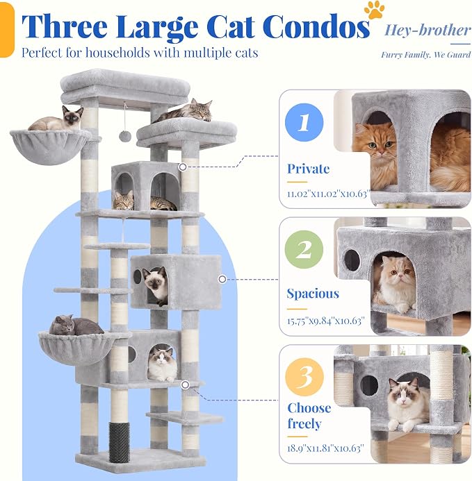 Hey-brother Cat Tree, Multi-Level Tower with 3 Condos, Hairbrush, MPJ035-MW | 74 Inches XL Large Scratching Posts for Indoor Cats and Kittens, 2 Wide Platforms, 2 Plush Baskets, Toy Balls, Light Gray