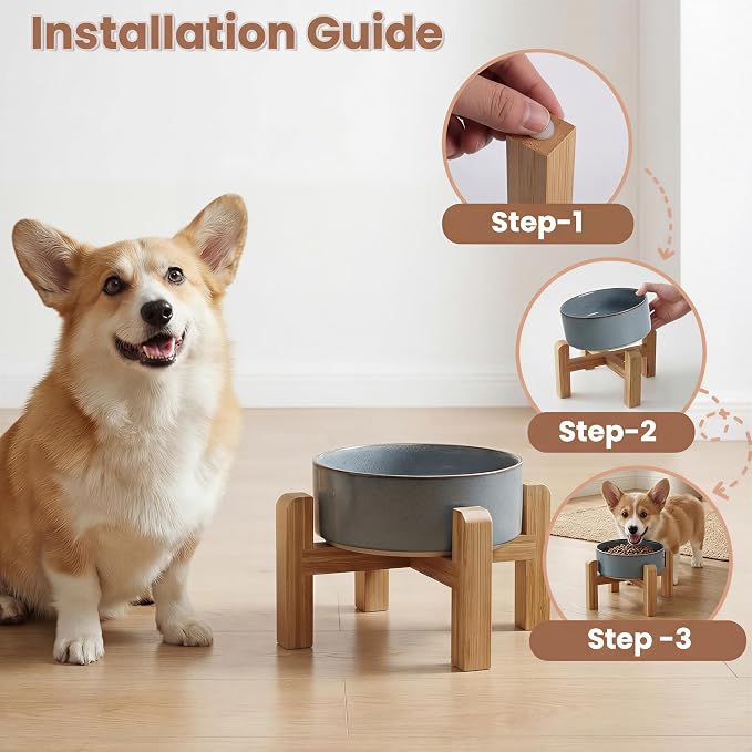 hjn Elevated Ceramic Dog Bowl with Bamboo Stand, Raised Pet Feeding Station for Small Medium Dogs Cats, Modern Design with Anti-Slip Base (Gray Blue, 3.6Cup)