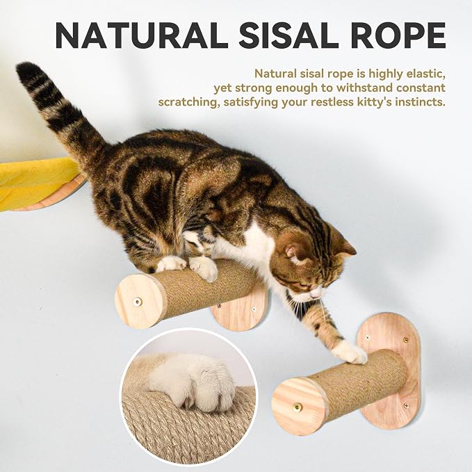 Wall Cat Bed Moon Hammock Wall Mounted Shelf with 2 Steps Climbing Sheves and Sisal Platforms Rope Scratching Post Wood Wall Furniture Bridge Ladder Wooden Indoor Cats Wall Bed-Moon Set