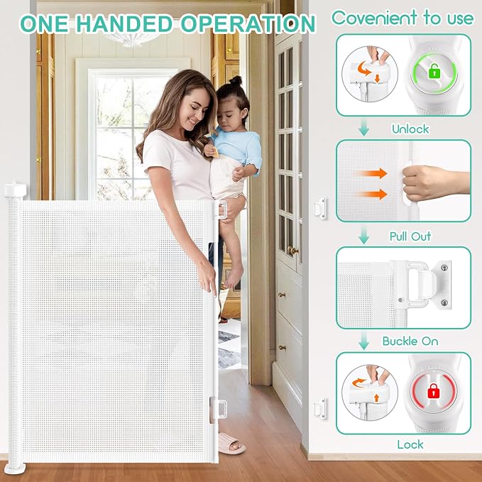 71 Inch Retractable Baby Gates Extra Wide, 41 Inch Reinforced Extra Tall Gate Mesh Safety Gate for Kids Pets, Retractable Dog Gate Baby Retractable Gate for Stair Hallway Doorway Indoor Outdoor, White