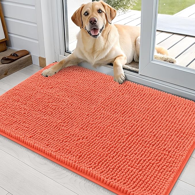 OLANLY Dog Door Mat for Muddy Paws 36x24, Super Absorbent Chenille Mud Mat | Coral, Absorbs Moisture and Dirt, Non-Slip Machine Washable Doormat, Quick-Drying Indoor Entryway Floor Carpet for Dogs