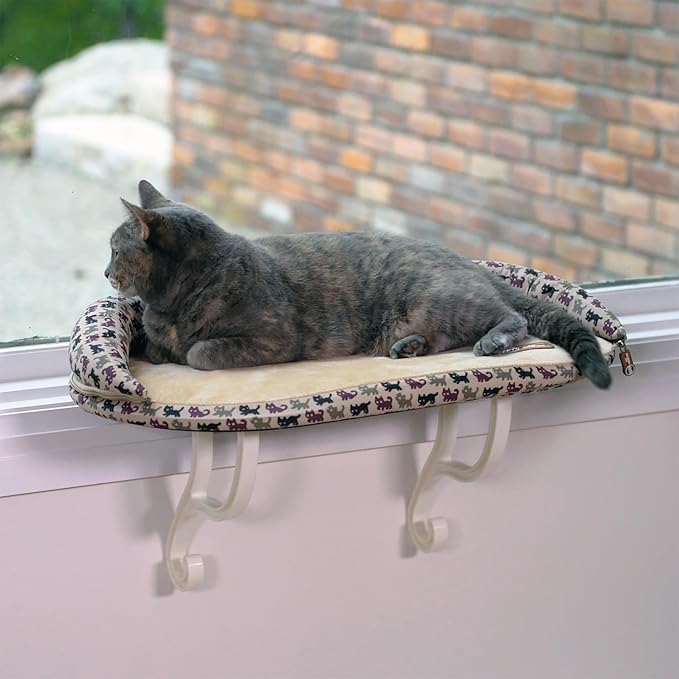 K&H Cat Window Perch, Deluxe Bolster Kitty Sill, 24x14in, Tan/Kitty Print | Cat Window Hammock Bed, Orthopedic Window Bed Holds 40 lbs, Washable Cover, Indoor Windowsill Furniture