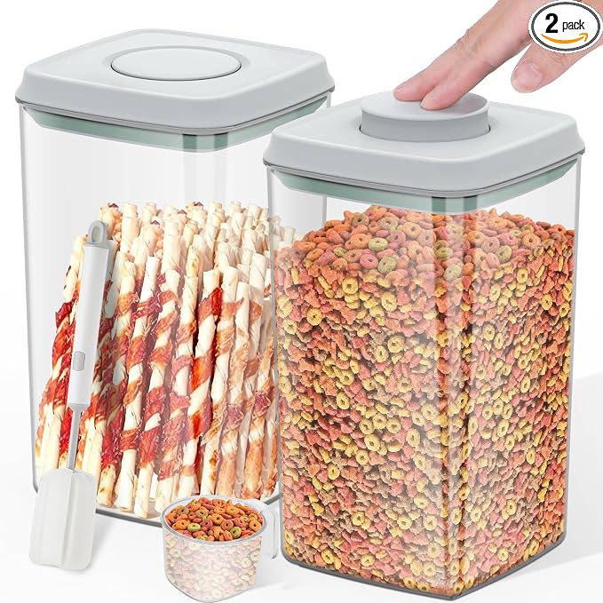 LEAWALK 4.2Qt 2Pack Airtight Dog Cat Food Storage Container and Dog Treat Containers BPA-Free, PET Clear Stackable Pet Storage Bin, 1 Cup Scoop, 1 Sponge cleaning brush, Pop Top, With handle (Grey)