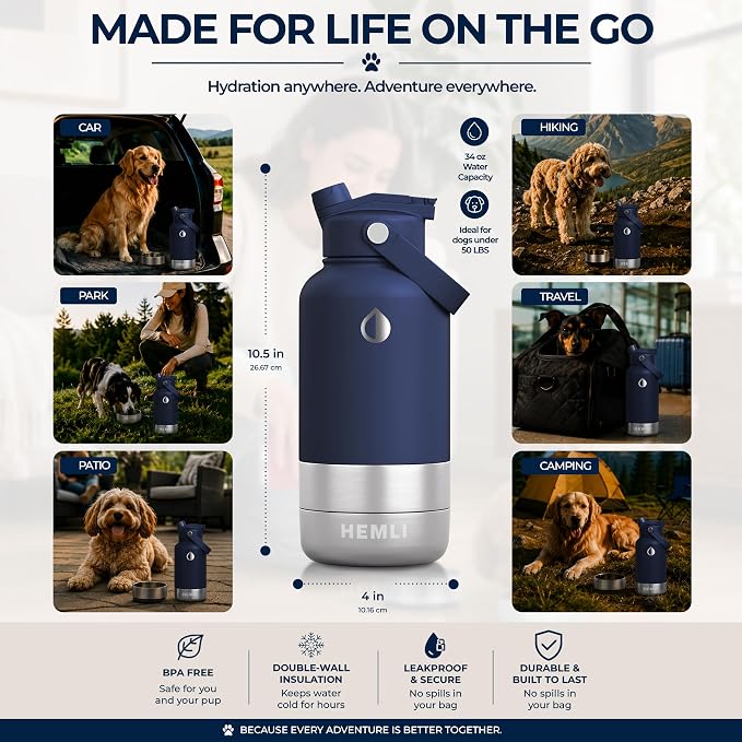 32 oz. Dog Water Bottle, Insulated Dog Travel Water Bottle, Stainless Steel Pet Water Bottle Dispenser Portable Food and Water Bowl for Dogs for Walking Dog Canteen Travel Kit