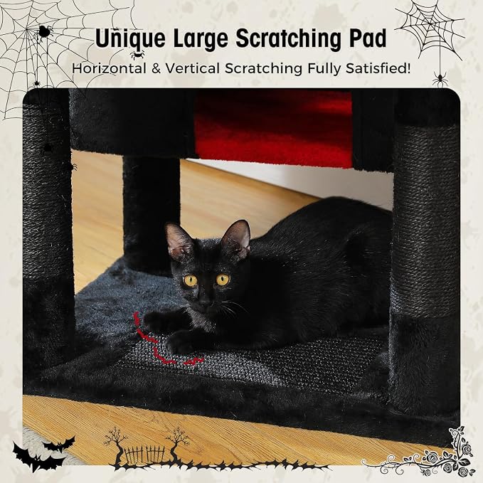 PAWZ Road Gothic Cat Tree 72" Cat Tower with Condos&Hammock for Large Cats | goth black cat tree with bat toys, 20"×16" hammock for adult cats, 7 scratch posts + pad, dual condos&perches for multi-cats