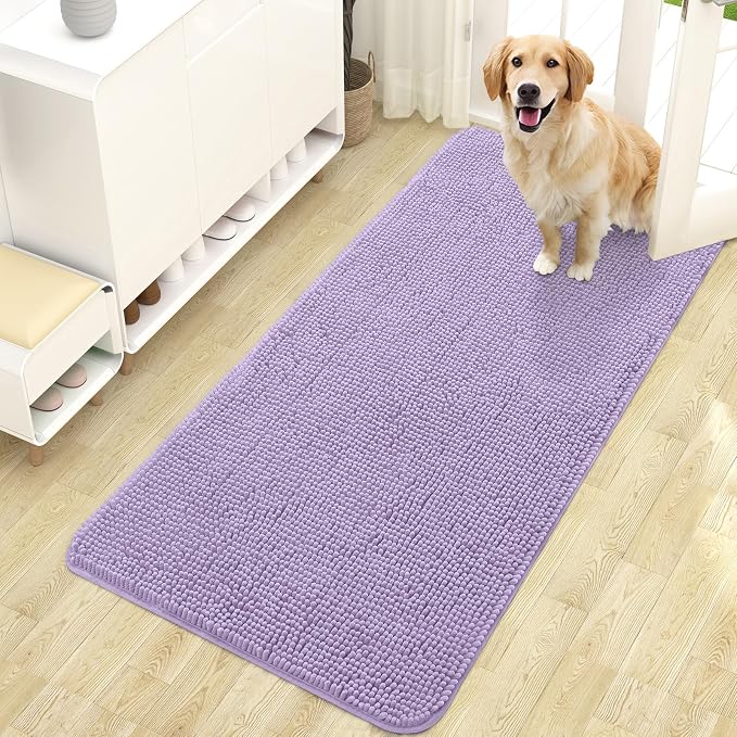 OLANLY Dog Door Mat for Muddy Paws 47x24, Super Absorbent Chenille Mud Mat | Lavender, Absorbs Moisture and Dirt, Non-Slip Machine Washable Doormat, Quick-Drying Indoor Entryway Floor Carpet for Dogs