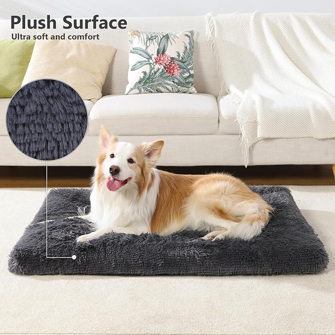 Large Dog Bed Crate Pad 36", Washable Plush Pet Mat Sleeping Dark Grey | Ultra Soft Cozy, Anti-Slip Bottom, Machine Washable, Kennel Pad 35*22", Easy to Care, 55lbs