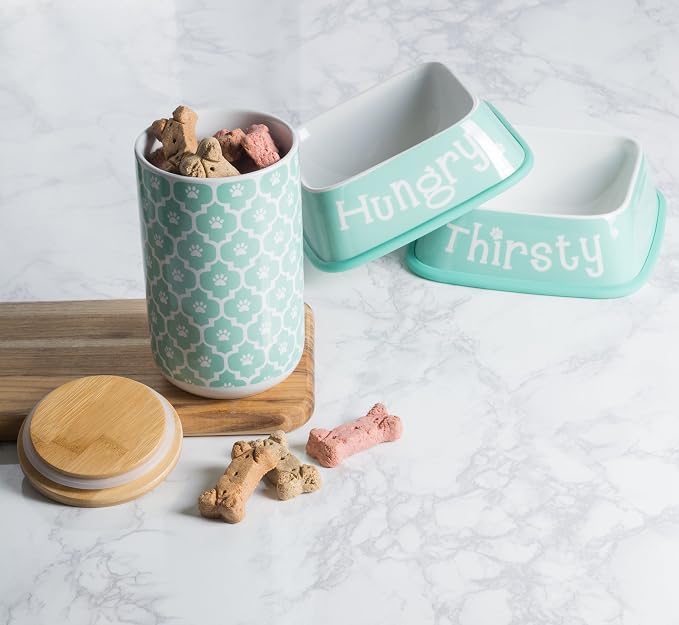 Bone Dry Lattice Pet Treat Jar with Bamboo Lid, Dishwasher Safe, Canister, 4x6.5", Aqua