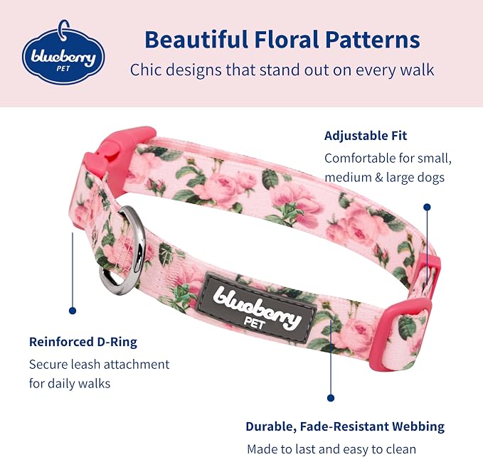 Blueberry Pet Pink Floral Dog Collar, Adjustable Large Size, Neck 18”-26”, Printed Pet Collar for Large Dogs