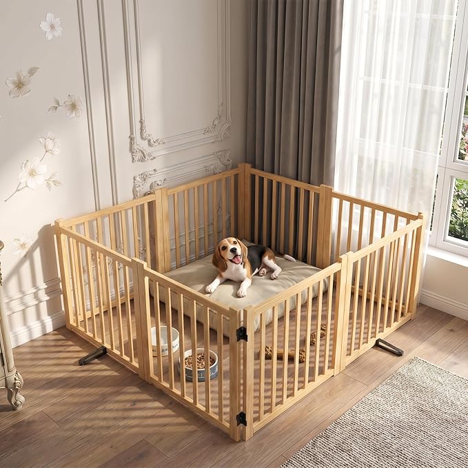 YOCAN Non-Painted Wooden Freestanding Dog Gate, Pet Gate for Indoor Use, Dog Fence for Doorways, Stairs & House, Step-Over Design, Easy to Install-8 Panel 23"
