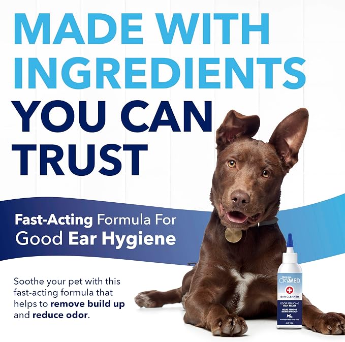 TropiClean OxyMed Preventative Dog Ear Cleaner, Vet Recommended Ear Cleaning Solution for Itch Relief, Daily Wash Drops, Safe for Cats, USA Made, 4oz.