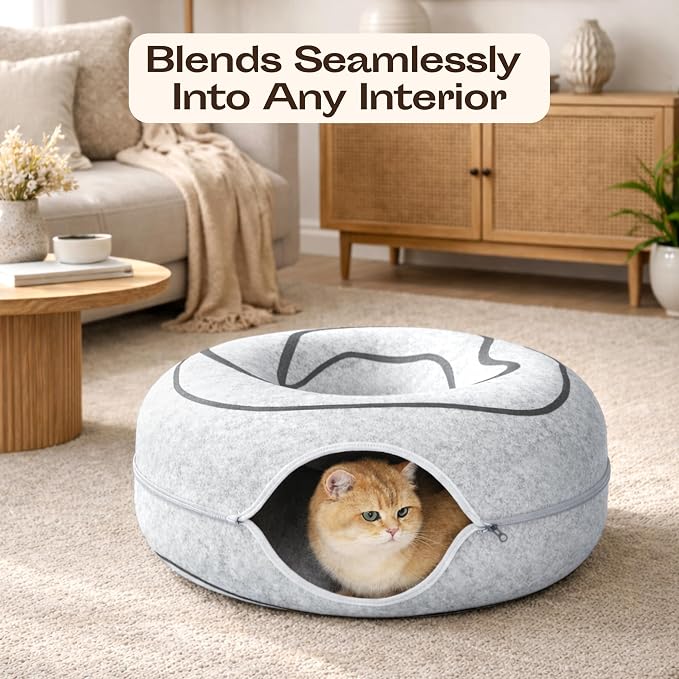 Peekaboo Cat Cave Donut - Cat Tunnel Bed for Indoor Cats – Cute Patterns Hideaway for Multiple & Large Cats, Scratch-Resistant (Light Gray)