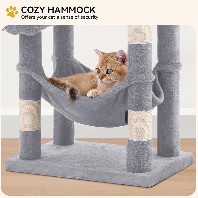 YITAHOME 44in Cat Tree Tower Indoor | Multi-Level Cat Condo with Scratching Posts, Cat Window Padded Plush Perch, Cozy Hammock, Funny Pompoms, Light Gray