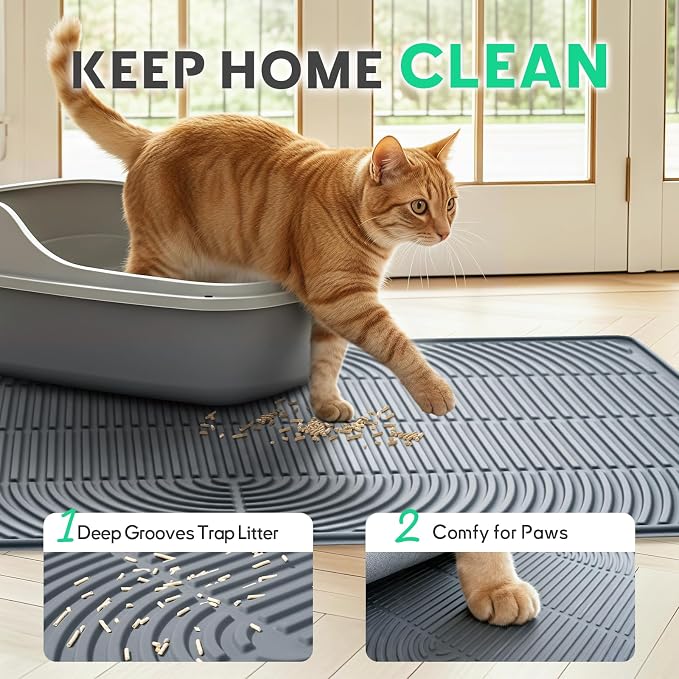 Pawtasy Cat Litter Mat,34" x 22" Large Silicone Pad for Floor Waterproof Litter Trapping Mat for Scatter Control Soft on Kitty Paws Non-Slip Easy to Clean