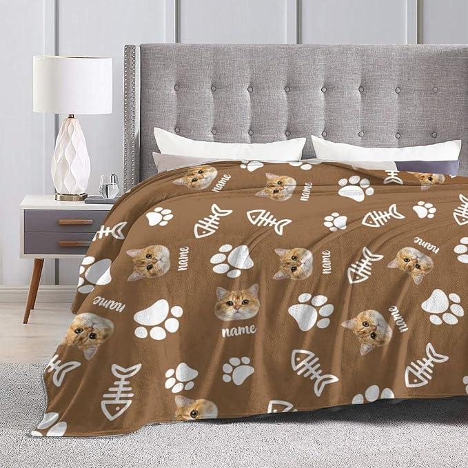 Nxwdwqa Personalized Cat Face Blanket Throws with Photos, Custom Pet Face Blanket, Cat Gifts for Pet Lovers, Customized Puppy Blanket for Adult Kid Birthday Christmas Fathers Mothers Valentines Gift