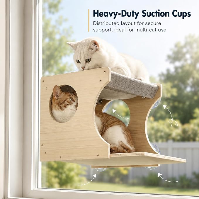 Cat Window Perch，2-Tier Hammock & Hideaway House with Strong Suction Cups | Right-opening, Drill-Free, Hold Up to 45 lb Support, For Small to Medium Cats, Let Cats Lounge, Climb and Watch Outside