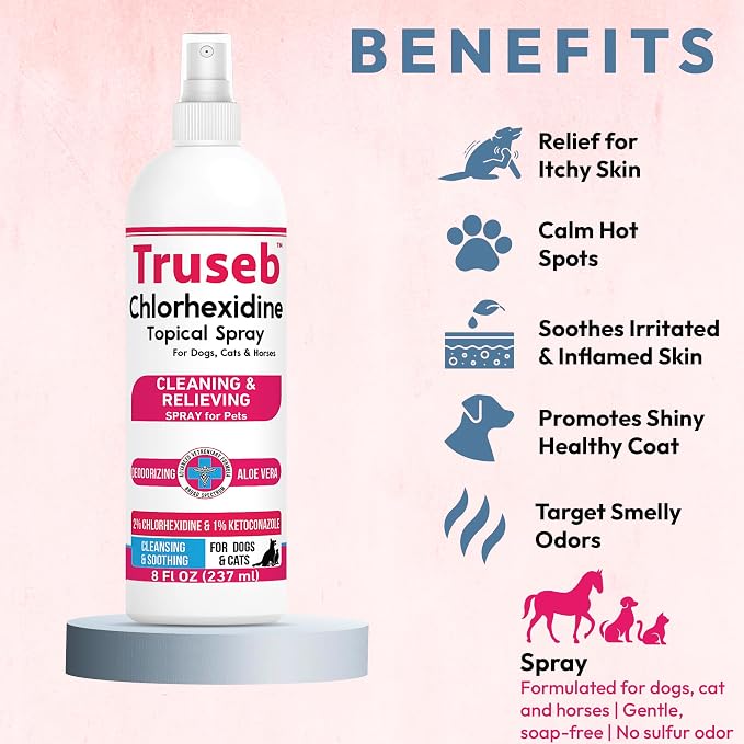 Truseb Advanced Strength Medicated Chlorhexidine for Dogs Cats Horses Skin Spray with Aloe Vera - Medicated Ketoconazole Spray for Skin Irritation, Hot Spots, Redne (Medicated Ketoconazole Spray, 8oz)