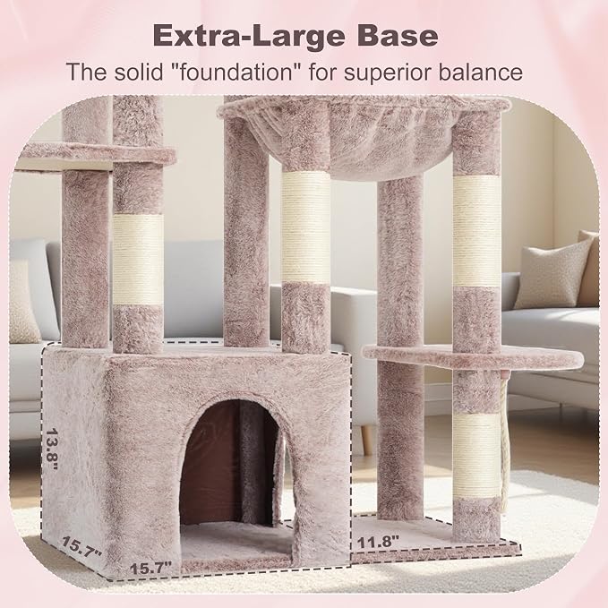 Heybly Heavy Duty Cat Tree with Large Base for Large Indoor Cats HCT026MU | Cat Tower with Scratching Posts, Tall Cat Condo House , Multi-Level Plush Furniture with Hammock & Toy Balls, Rosy Brown