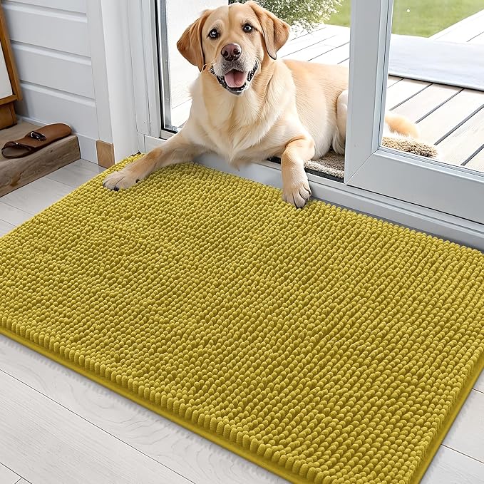OLANLY Dog Door Mat for Muddy Paws 36x24, Super Absorbent Chenille Mud Mat | Mustard Yellow, Absorbs Moisture and Dirt, Non-Slip Machine Washable Doormat, Quick-Dry Indoor Entryway Floor Carpet for Dogs
