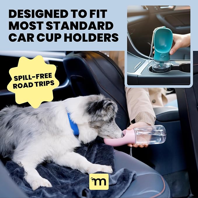 MalsiPree Leak-Proof Portable Dog Water Bottle for Travel - 19 oz, with Pink Bowl - Food Grade Plastic - Dog Bowls - Puppy Essentials - Pet Water Bottle for Trail Hiking, Park Visit & Beach Days