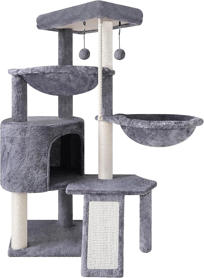 Three Layer Cat Tree with Cat Condo and Two Hammocks,Grey | 3-Tier Cat Tree,Scratch Pad ,Natural Sisal,Replaceable Hanging Balls,Sturdy Cat Furniture for Kitten&Adult Cat