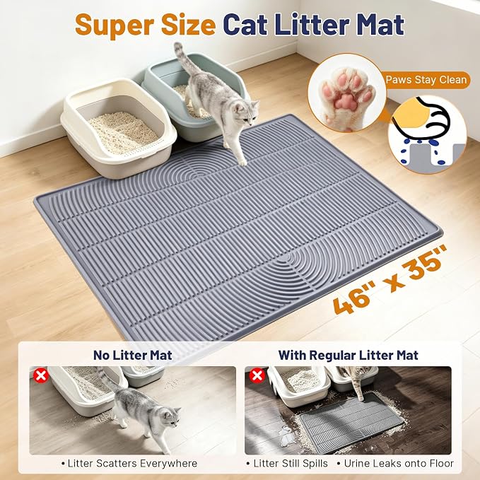 Cat Litter Mat, XL 46x35in Waterproof Silicone Litter Box Mat, Grey | XXL Cat Mat Fits 2-4 Litter Boxes, Litter Trapping Mat with Raised Edges & Textured Surface, Non-Slip Bottom, Easy Clean