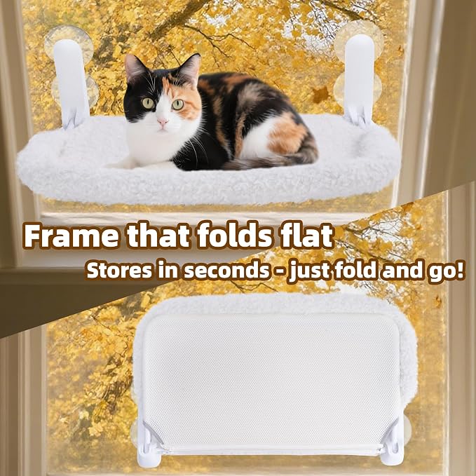 SMOUATOU Cat Window Perch, Cordless Foldable Cat Hammock Bed with 4 Suction Cups, Embeded Machine Washable Bed for Indoor Cats, Strong Metal Frame Holds 40lbs (Beige,Cotton Binding)