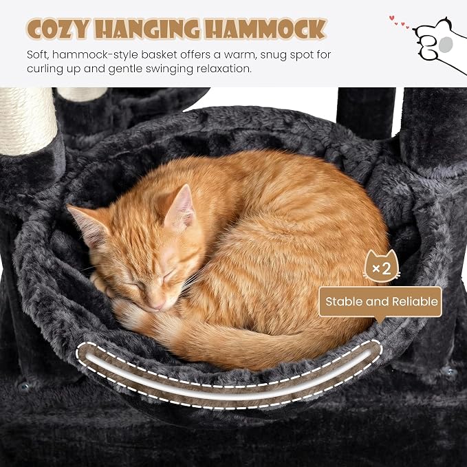 Sha Cerlin 87 in Multi-Level Tall Cat Tree Tower for Large Cats/Extra Wide Feline Activity Center/Sisal Scratching Posts/Wide Base/Cozy Plush Perches/Baskets/Hammocks/Toy Balls/Dark Grey