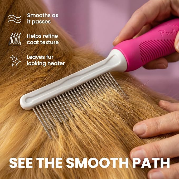 Poodle Pet Detangling Pet Comb with Long & Short Stainless Steel Teeth for Removing Matted Fur, Knots & Tangles – Detangler Tool Accessories for Safe & Gentle DIY Dog & Cat Grooming (Pink)