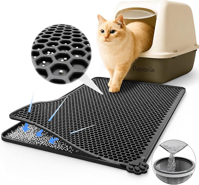 Silicone Cat Litter Mat 24x15" Double Layer Honeycomb Non-Slip | Food-Grade, Machine Washable, Anti-Crease, Claw-Proof, Raised Edges, 24 x 15‘’ Fits Standard Box, Soft on Paws