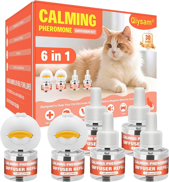 Cat Calming Diffuser - 6 in 1 Kit Cat Pheromones Calming Diffuser for Anxiety Relief, Stress, Excessive Meowing & Scratching, 120 Day Supply 2 Plug in + 4 Pack 48ml Refill (Tasteless)
