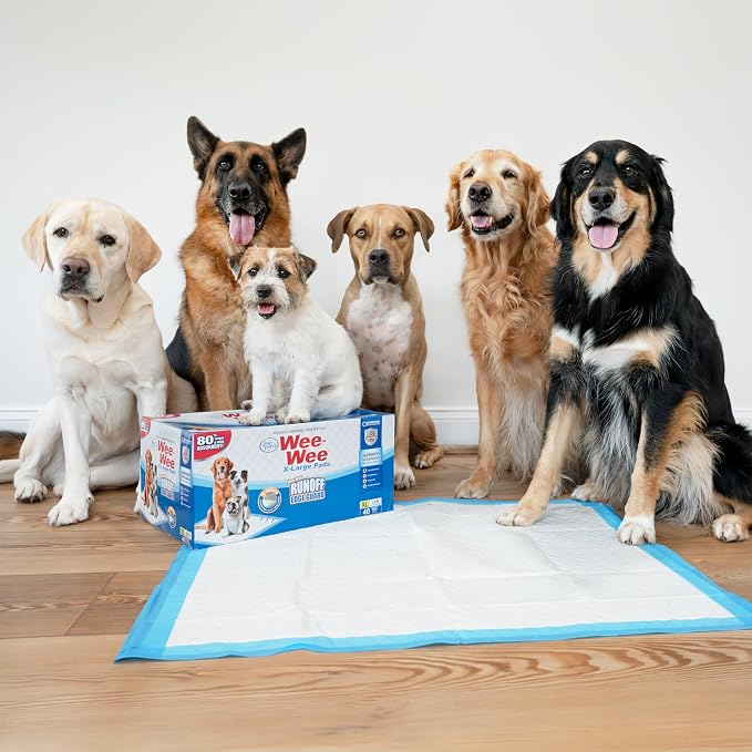 Four Paws Wee-Wee Superior Performance Pee Pads for Dogs with Runoff Barrier Edge Guard Protection, Puppy & Dog Potty Training Pads, Housebreaking Pet Supplies, 27.5" x 44" (8 Count)