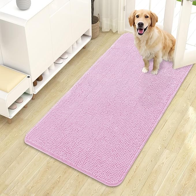 OLANLY Dog Door Mat for Muddy Paws 44x24, Super Absorbent Chenille Mud Mat | Pink, Absorbs Moisture and Dirt, Non-Slip Machine Washable Doormat, Quick-Drying Indoor Entryway Floor Carpet for Dogs