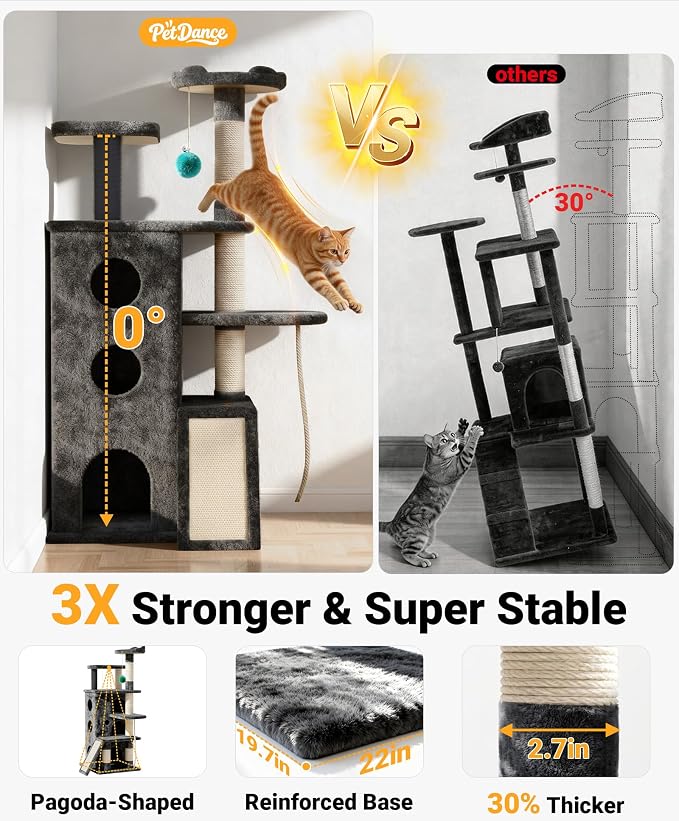 Eco-Wood Cat Tree Tower,【Top Heavy Duty】 Cat Tower for All Indoor Cats | Eco-Wood, 54” Sturdy Cat Tower Bed with 6 Scratching Posts, Scratch rope, Scratcher, 3 Enlarged Cat Condos, Jumping Perches