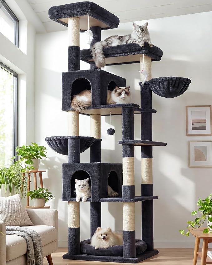 Globlazer Sturdy Extra Large Cat Tower for Indoor Cats, S81C, Dark Grey | 81 inch Heavy Duty Cat Tree for Indoor Large Adult with 8 Scratching Post, 2 Cat Condos, 2 Platform