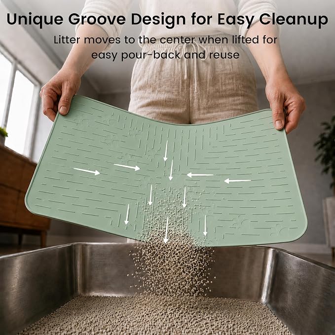 OHMO Cat Litter Mat 23.5x16 Silicone Trapping Mat Sage Green | for Kitty Litter Box, Easy Clean, BPA Free Rubber, Center Litter Collection, Easy Pour-Back, Waterproof, Odor-Resistant