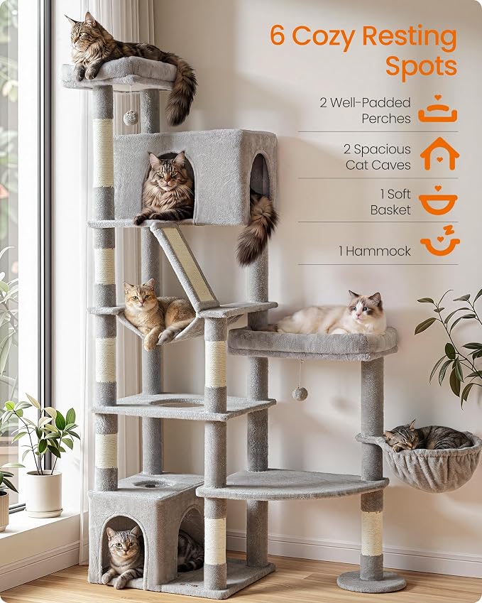 Feandrea 74.1-Inch Cat Tree Tower for Indoor Extra Large Cats, with Scratching Posts, Scratching Board, Multi-Level Design, Dove Gray UPCT016G101S
