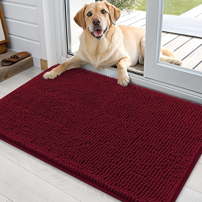 OLANLY Dog Door Mat for Muddy Paws 35x24, Super Absorbent Chenille Mud Mat | Burgundy, Absorbs Moisture and Dirt, Non-Slip Machine Washable Doormat, Quick-Drying Indoor Entryway Floor Carpet for Dogs