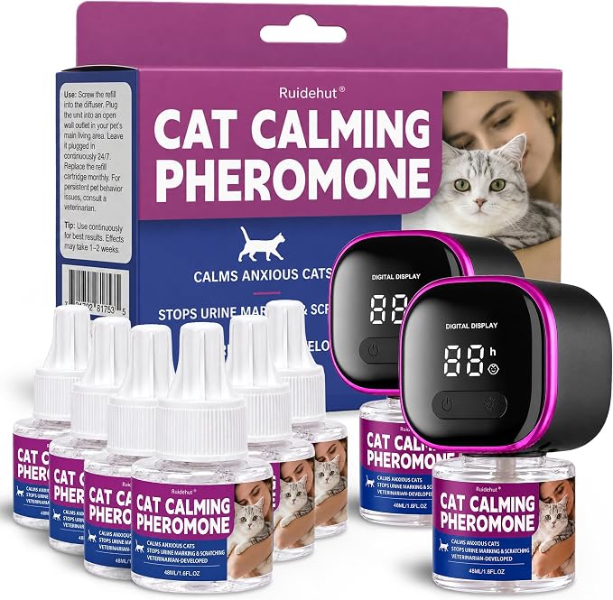 Smart Cat Pheromone Diffuser Kit, 2 Diffusers + 6 Refills | 4/8/12/24-Hour Timer, Daily Auto-On, Helps Reduce Anxiety, Scratching, Spraying & Urine Marking, Odorless Formula