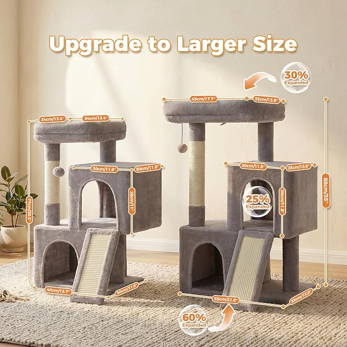PAWZ Road Cat Tree, 35 Inches Cat Tower with Dual Condos for Adult Cats,Enlarged Top Perch, Scratching Posts&Pad for Indoor Cats-Gray