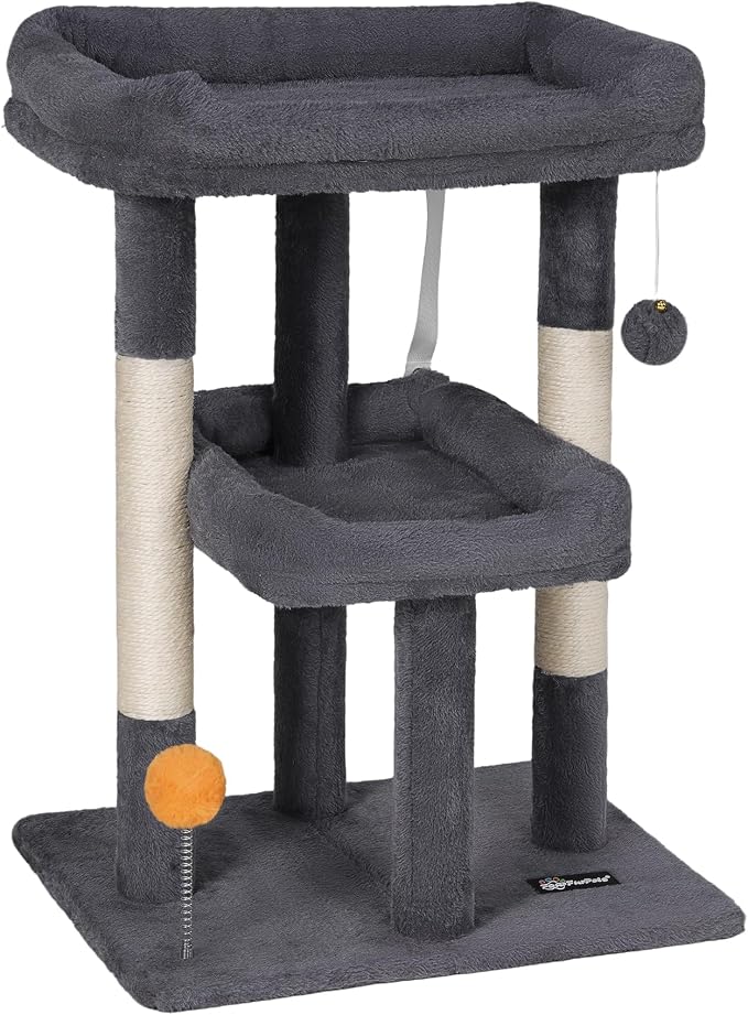 27.6-Inch Cat Tree, Cat Tower for Indoor Cats, Cat Condo for Large Cats, Small Cat Tree with Scratching Post, Toy Balls, for Kittens, 2 Soft Platform, Dark Gray