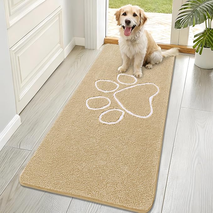 OLANLY Dog Door Mat for Muddy Paws 70x32, Paw Print Design Chenille Mud Mat | Beige, Absorbent, Traps Moisture and Dirt, Non-Slip Washable Doormat, Quick-Drying Indoor Entryway Floor Carpet for Dogs