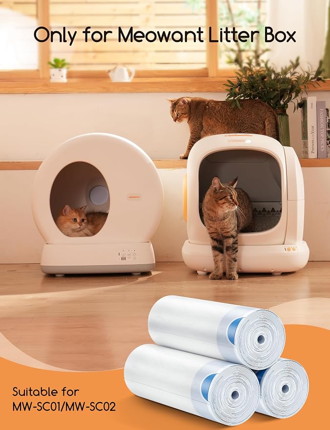MeoWant Cat Litter Box Liner - 60PCS Heavy Duty Drawstring Trash Bags for MeoWant MW-SC01/MW-SC02 Automatic Self-Cleaning Boxes, Extra Thick Leakproof, 3 Rolls (20 Bags/Roll)
