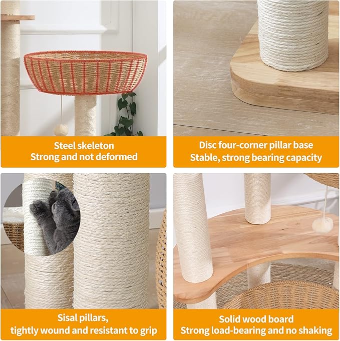 SHODMI 54" Modern Cat Tree Tower for Indoor Cats, Large & Multi-Cat Homes | Wood Cat Tree, 3 Handwoven Basket Beds, Stable Wide Round Wood Base, 8 cm Thick Sisal Scratching Posts, Plush & Cool Mats
