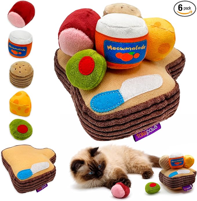 Pounce & Purr Charcuterie Cat Toy Set with Catnip & Silvervine 6-Piece Plush Cat Toys for Indoor Cats, Kitten Chew Toy, Kicker & Unique Cat Gift - Cheese Board Playset