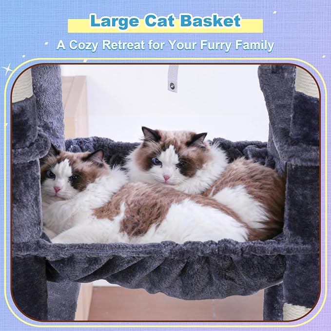 Hey-brother Cat Tree Tower with Extra Large Platform and Basket, MPJ080G | 71.7 Inches Scratching Posts with Specious Condo, 2 Cozy Hammocks, Scratch Board for Indoor Adult Cats, Maine Coon Smoky Gray